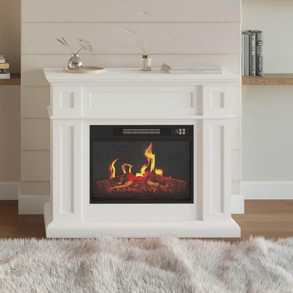 White Electric Fireplace with Mantel and Remote Control