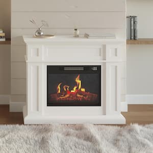 15.4 in. Freestanding Electric Fireplace with Mantel, Adjustable LED Flames, Faux Logs Remote Control in White