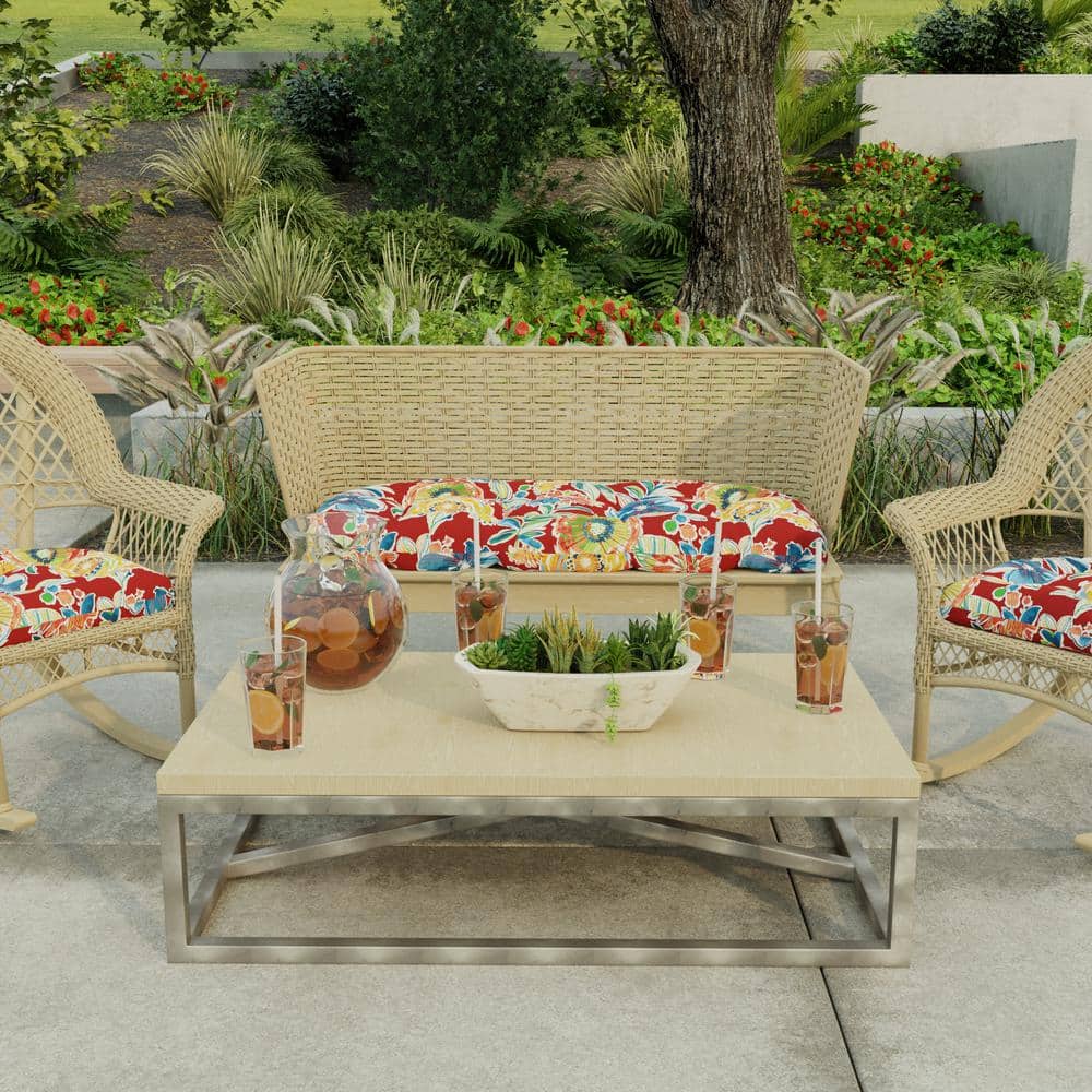 Colsen Berry Red Floral Tufted Outdoor Wicker Bench Cushion