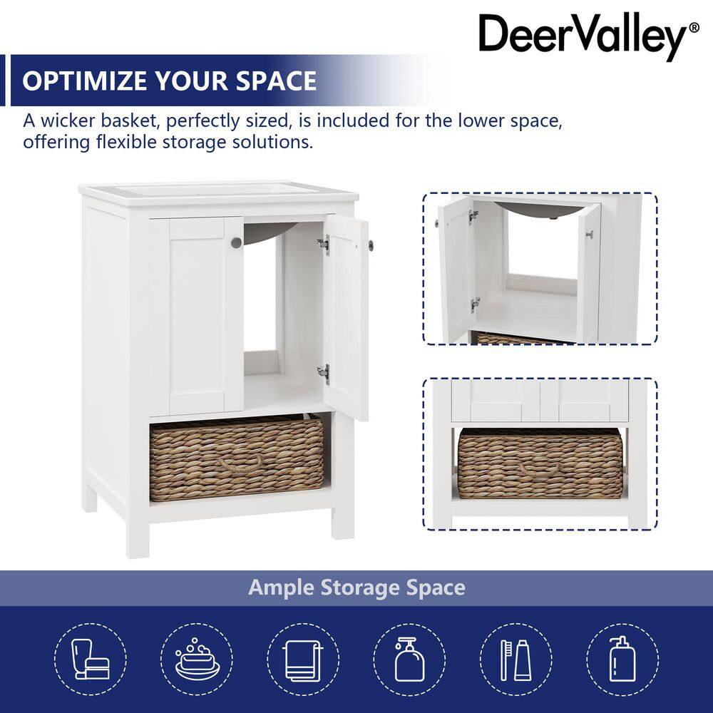 24" White Freestanding Bathroom Vanity with Ceramic Top and Woven Basket