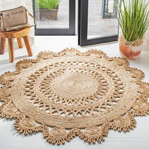 Natural Fiber Beige Doormat 3 ft. x 3 ft. Ornate Floral Round Area Rug