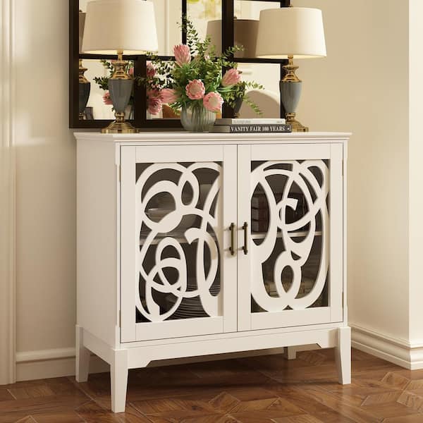 FUFU&GAGA White Distressed Paint Finish Storage Cabinet With Hollow Out Carved Acrylic Doors and Wooden Legs