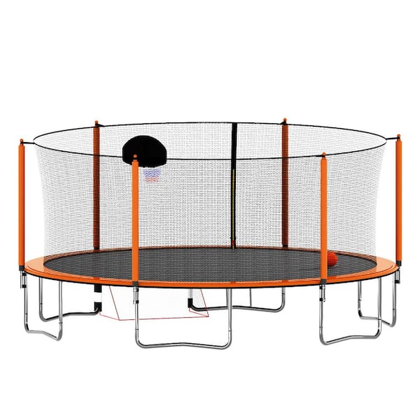 Unbranded 16 ft. Outdoor Trampoline with Basketball Hoop, Enclosure Net, Ladder for Kids & Adults for Garden and Yard, Orange
