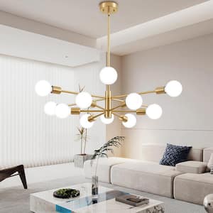 Modern 12-Light Gold Sputnik Chandelier Ceiling Light Height Adjustable for Dining Room with no Bulbs Included