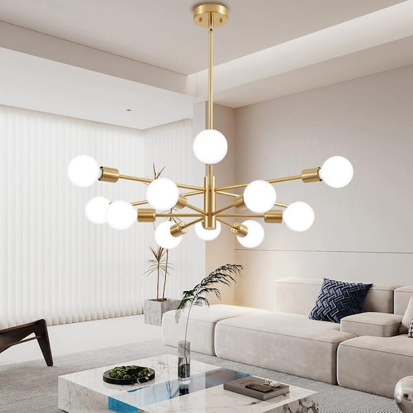 Deyidn Modern 12-Light Gold Sputnik Chandelier Ceiling Light Height Adjustable for Dining Room with no Bulbs Included