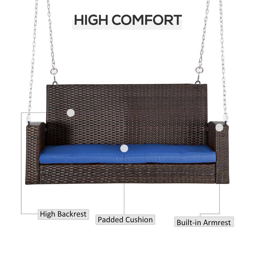 Blue Cushioned Wicker Hanging Porch Swing Bench