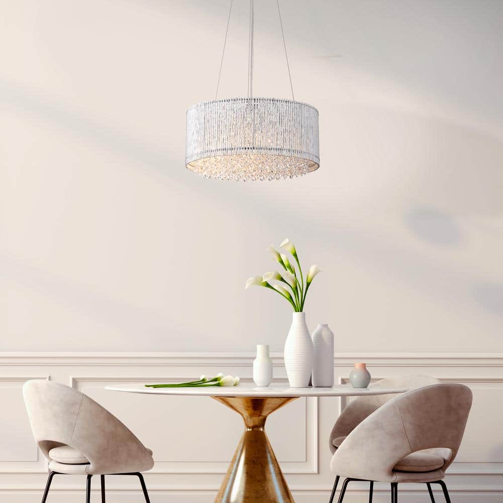 Chrome and Crystal Drum Shade Chandelier with Hanging Crystals