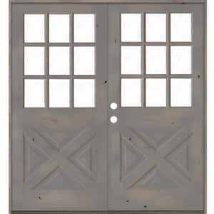 64 in. x 80 in. Knotty Alder 2-Panel Right-Hand/Inswing 1/2 Lite Clear Glass Grey Stain Double Wood Prehung Front Door