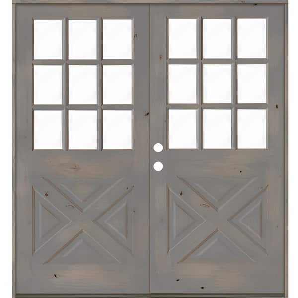 64 in. x 80 in. Knotty Alder 2-Panel Right-Hand/Inswing 1/2 Lite Clear Glass Grey Stain Double Wood Prehung Front Door
