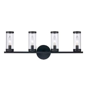 25 in. 4-Light Black Bathroom Vanity Light Fixture with Clear Glass Shade and Metal Accents