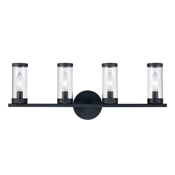 Unbranded 25 in. 4-Light Black Bathroom Vanity Light Fixture with Clear Glass Shade and Metal Accents