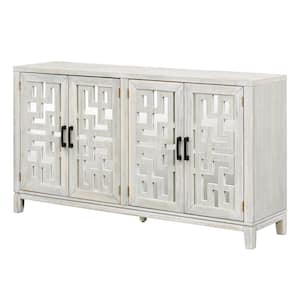 Natural Wood Wash Retro 60 in. Wood 4-Door Mirrored Buffet Sideboard with Metal Pulls and Hollow-Mirrored Pattern