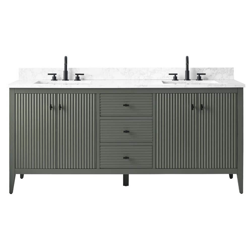 72'' Linear Vintage Green Double Sink Freestanding Bathroom Vanity with Engineered Marble Top