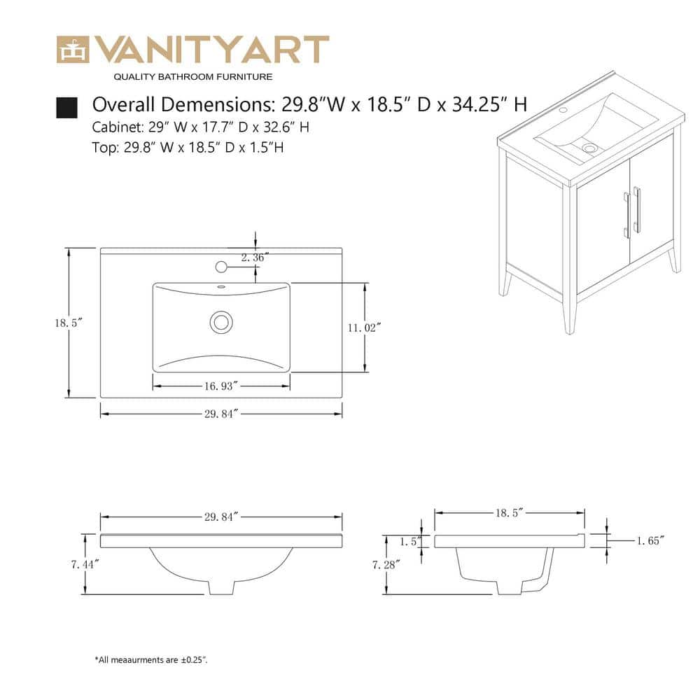30" Cashmere Gray Single Sink Bathroom Vanity with Ceramic Top