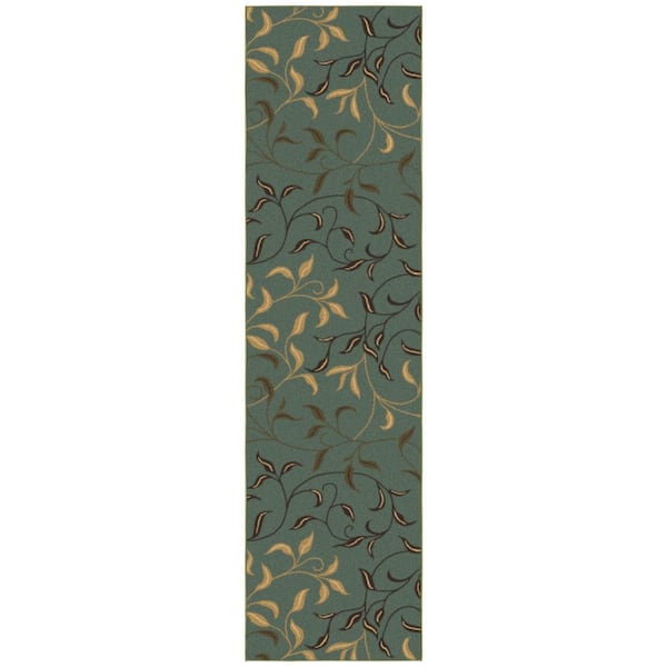 Ottomanson Ottohome Collection Non-Slip Rubberback Leaves 3x10 Indoor Runner Rug, 2 ft. 7 in. x 9 ft. 10 in., Dark Seafoam Green
