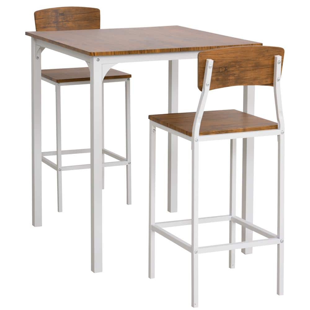 Rustic White and Medium Wood 3-Piece Bar Table Set with Steel Legs
