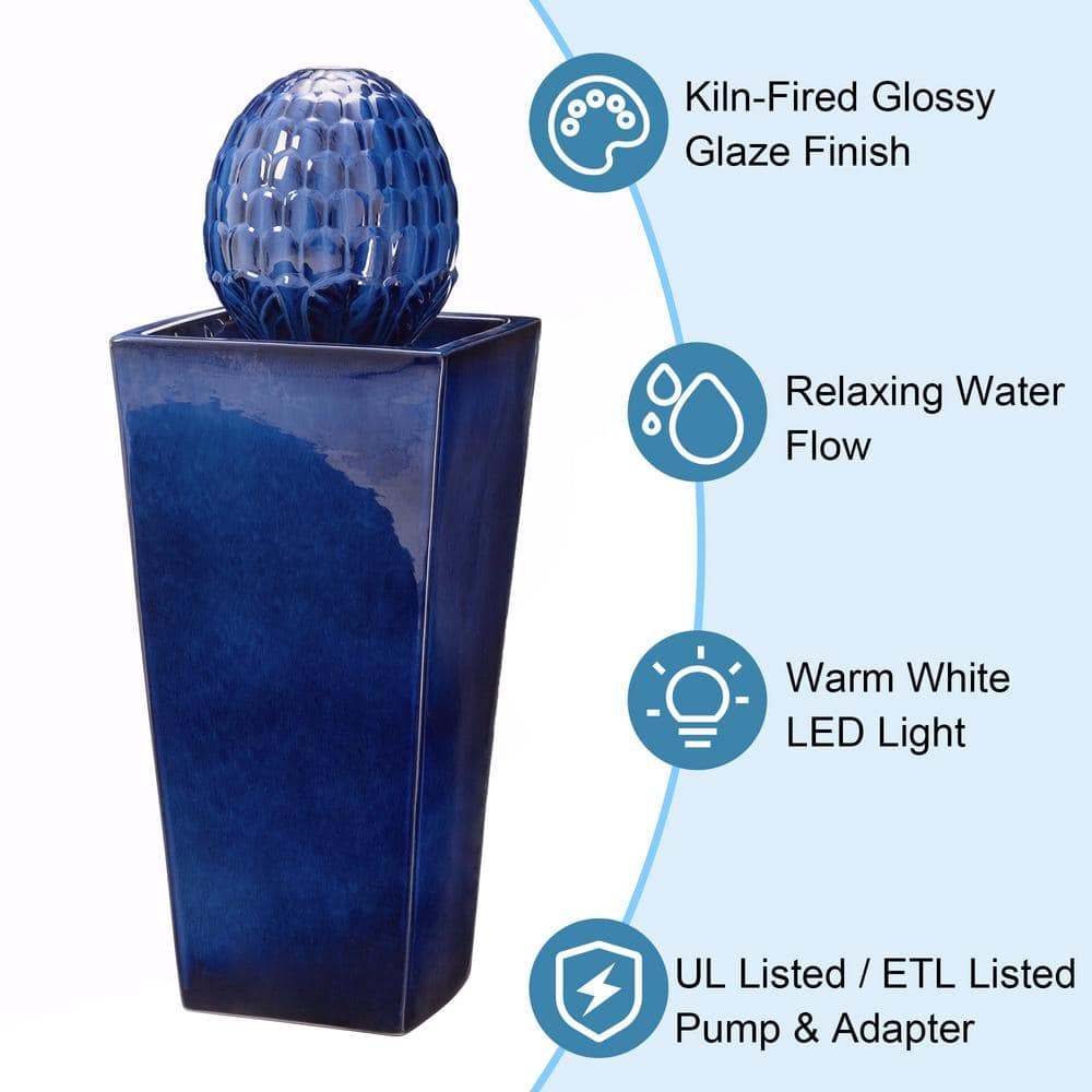 Tall Cobalt Blue Ceramic Artichoke Pedestal Fountain with LED Light