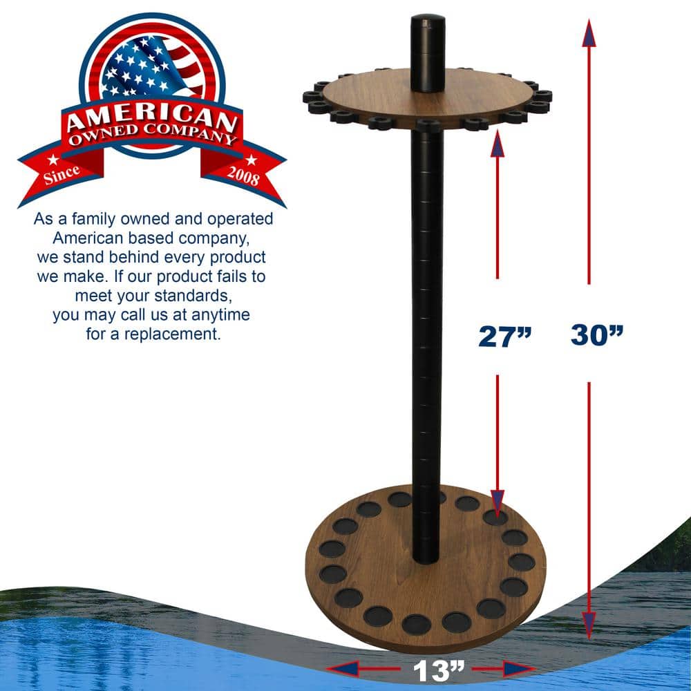 Dark Walnut Freestanding Round Fishing Rod Rack with Steel Post