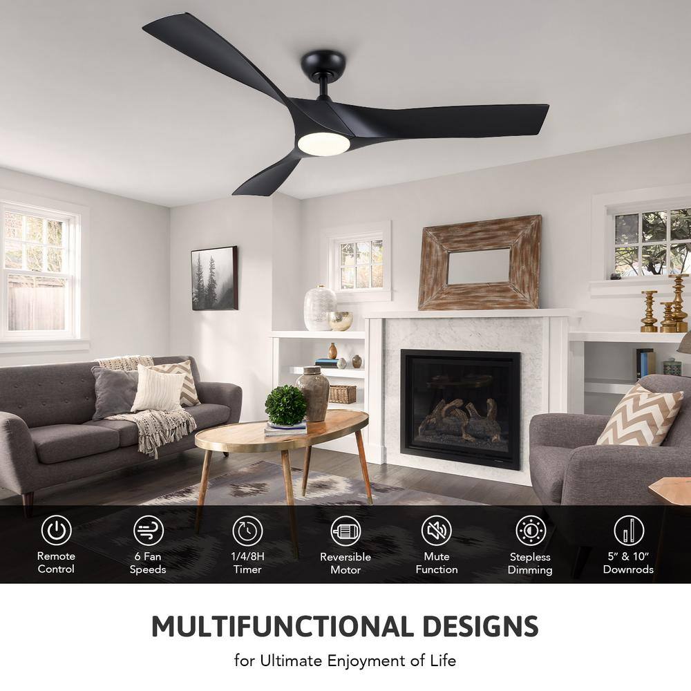 52" Black Modern Ceiling Fan with Dimmable LED Light and Remote