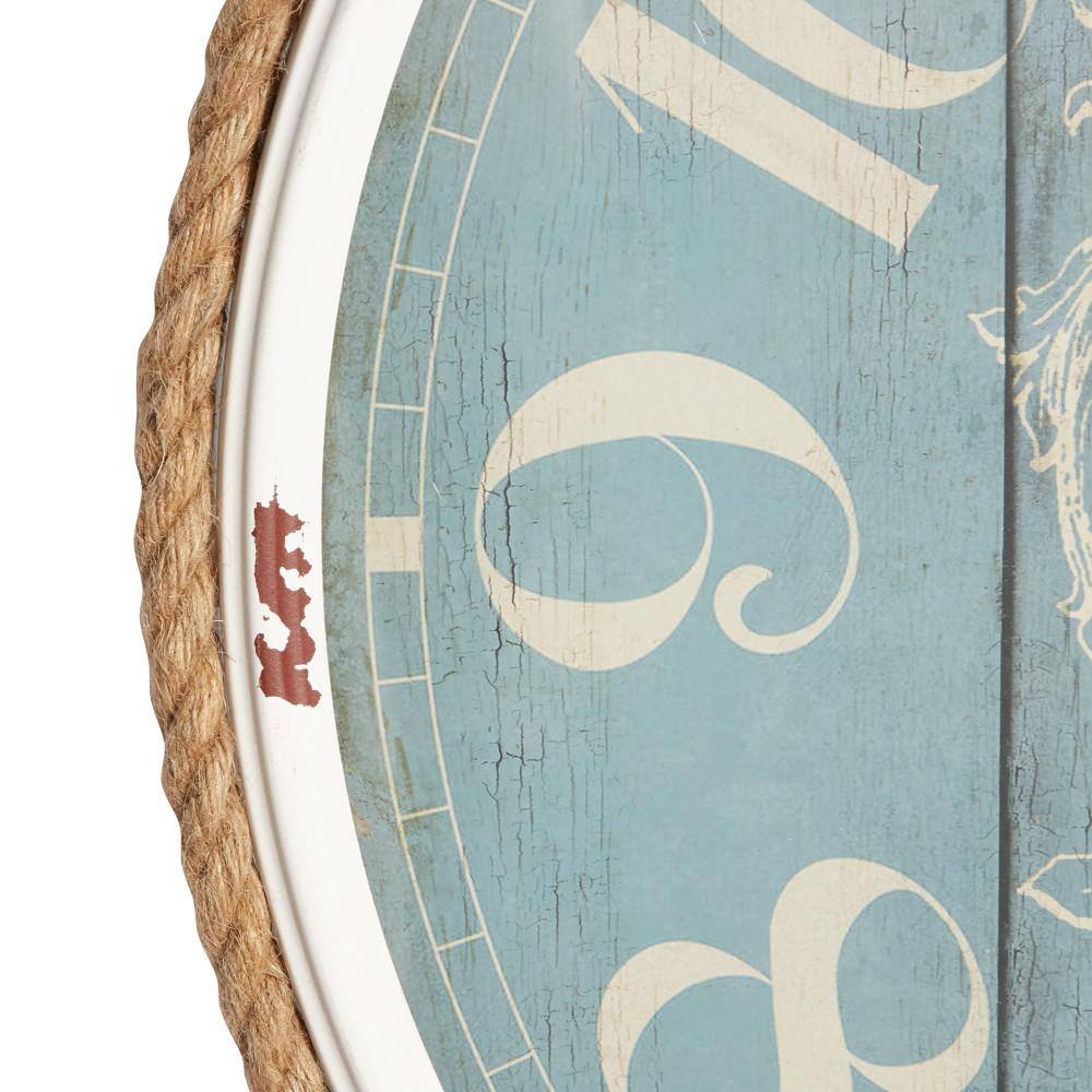 Coastal Blue and White Round Metal Wall Clock with Rope Accent, 25"