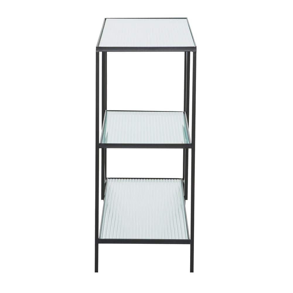 Black Metal and Glass Industrial Console Table with Storage Shelves