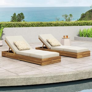 Mossbloom Outdoor Patio Cushioned Adjustable Chaise Lounge, Acacia Wood, Cream + Teak, Set of 2