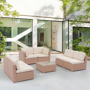 OC Orange-Casual 7-Piece Wicker Outdoor Conversation Set with Beige Cushions