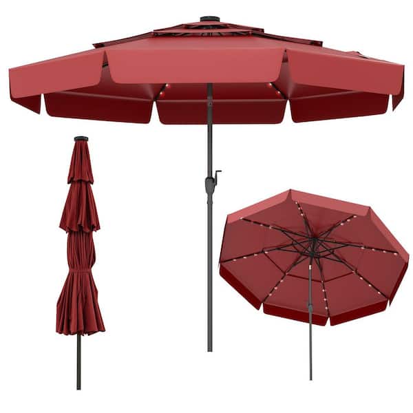 10 ft. Steel Market Solar Patio Umbrella with 3-Tier Vented Top and 32 LED Lights in Red