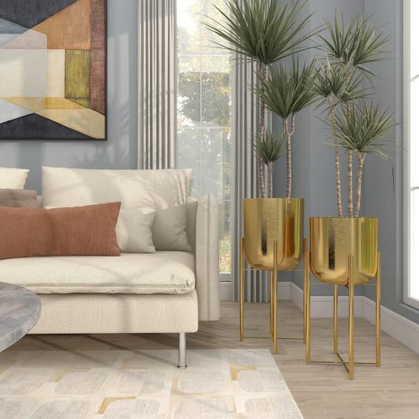 22 in., and 19 in. Large Gold Metal Indoor Outdoor Dome Planter with Removable Stand (2- Pack)