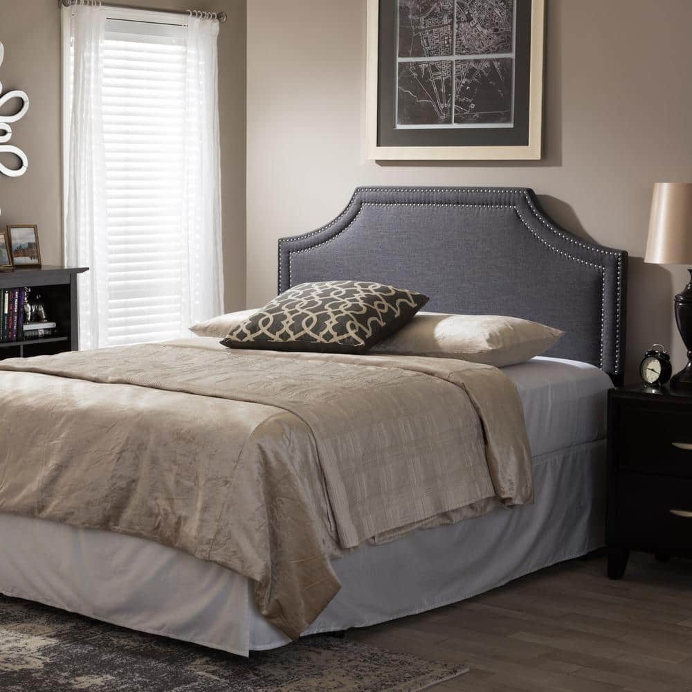 Dark Gray Upholstered Queen Headboard with Nailhead Trim