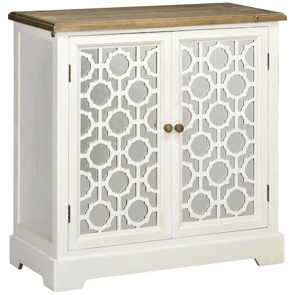 HOMCOM Farmhouse White Buffet with Double Glass Doors and Solid Wood Countertop