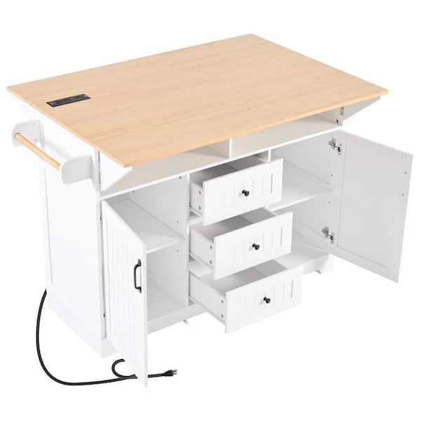 Xzkai White Wood 55.7 in. Kitchen Island with 5 Wheels, 2 Drop Leaf, 3 Drawers, Towel Rack, Power Outlet