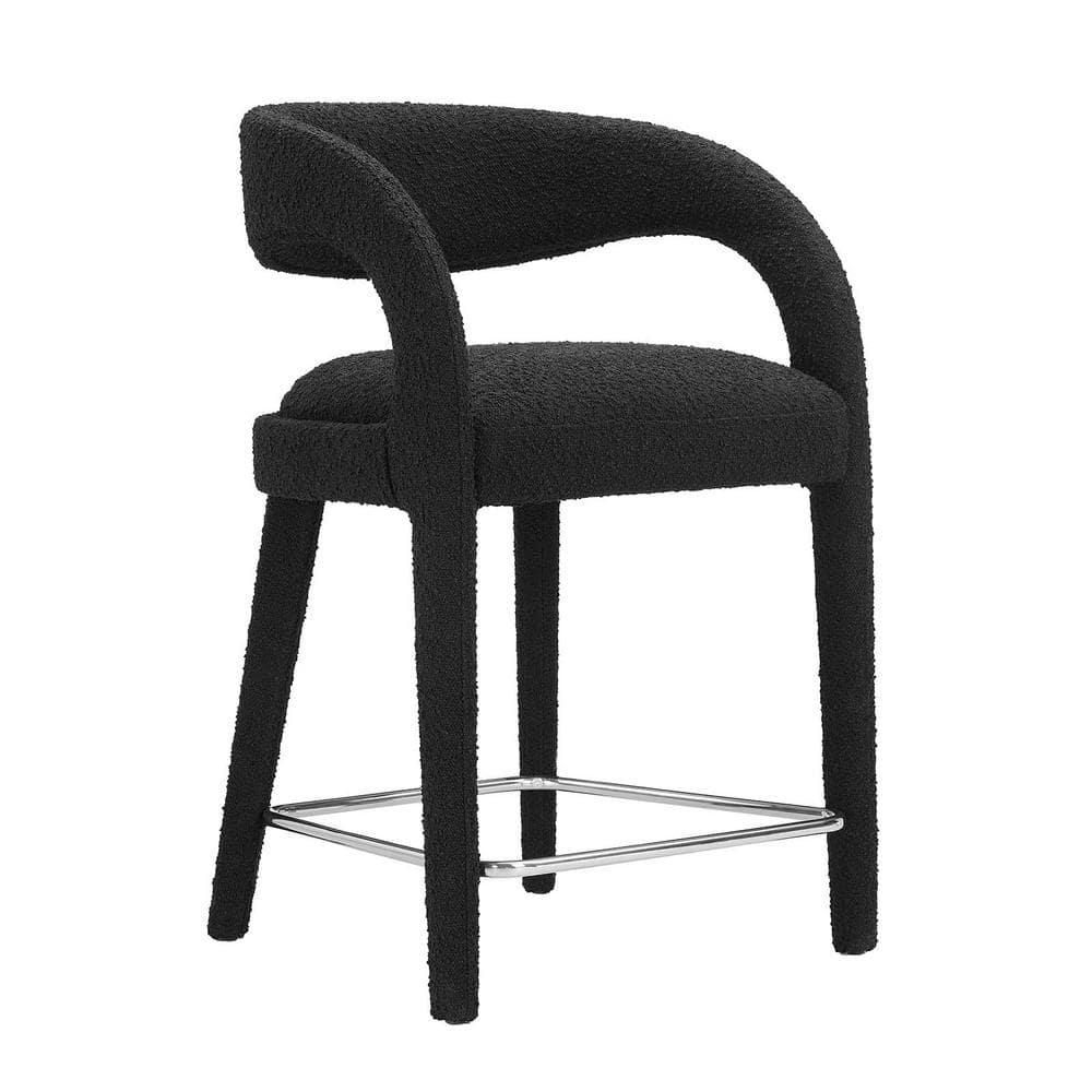 Black Boucle Upholstered Counter Stools with Metal Legs, Set of 2