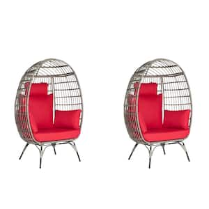 Oversized Outdoor Gray RatTan Egg Chair Patio Chaise Lounge Indoor Basket Chair with Red Cushion (2-Pieces)