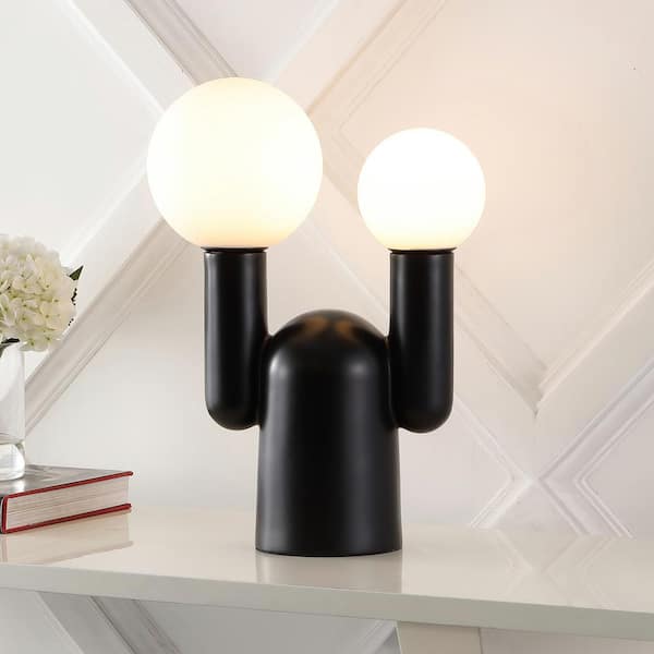 JONATHAN Y Leif 19 in. 2-Light Modern Mid-Century Resin/Iron/Frosted Glass Nordic Cactus LED Table Lamp, Black