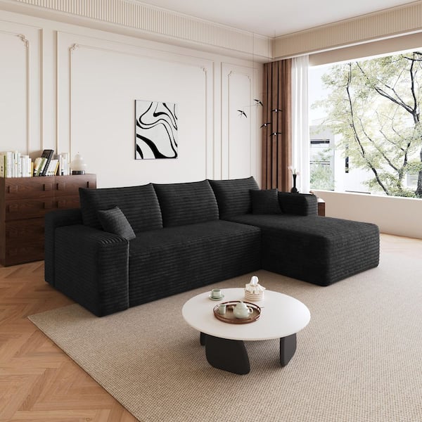 94 in. Corduroy Fabric Sectional Sofa, L-Shaped Upholstered Couch in Black, Right Facing