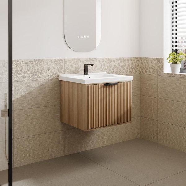 VLeaf 24 in. W x 19 in. D x 19 in. H Single Sink Wall Hung Bath Vanity Cabinet in Weather Firwith White Ceramic Top