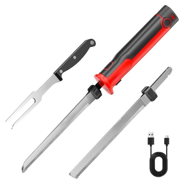 8V Stainless Steel Electric Carving Knife Set with Ergonomic Handle and Safety Lock for Meat, Bread, Cheese Red & Black