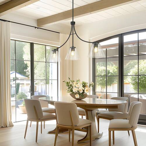 42.1 in. Modern 3-Light Black Island Chandelier Industrial Liner Hanging Ceiling Light with Bell Seeded Glass Shades Home