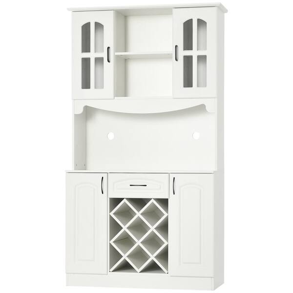 HOMCOM 73 Kitchen Pantry, Buffet with Hutch, Cupboard for Microwave, with 4 Door Cabinets, and 6-Bottle Wine Rack - White