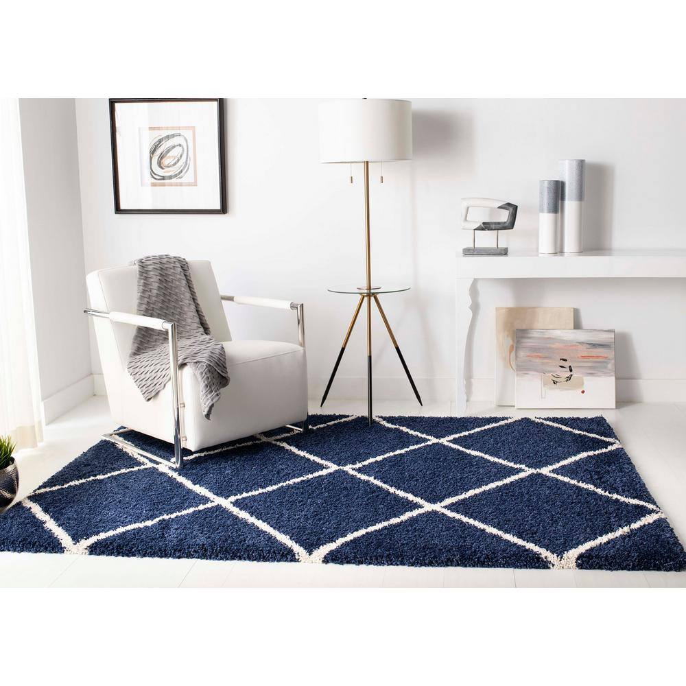 Navy and Ivory Diamond Shag Synthetic Area Rug 5'3" x 7'6"