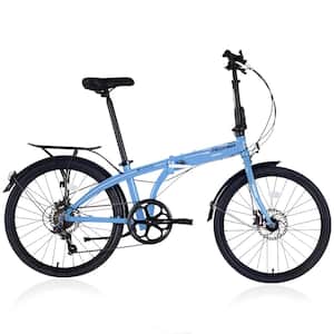 24 in. Folding City Bike Aluminum Frame 7-Speed Folding Bike in Blue
