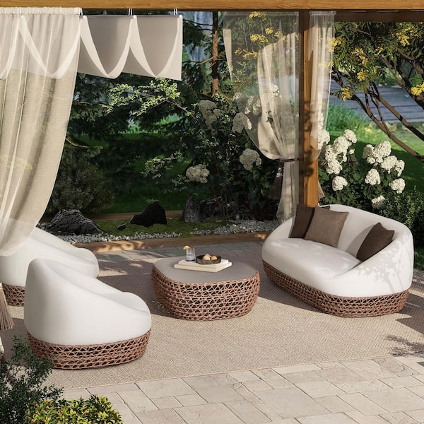 Willow 4-Pieces Upholstered Woven Patio Deep Seating Conversation Set in Wheat Beige Axroma Olefin