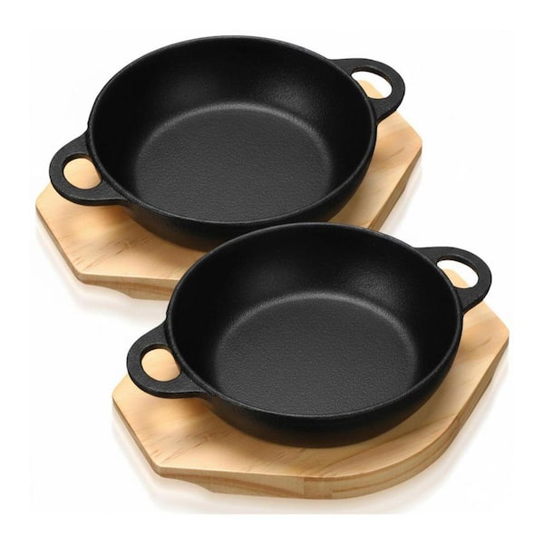 2-Piece Cast Iron Skillet Set with Wooden Base Black Cast Iron Rustic Easy Clean Induction Safe Cooking Pan