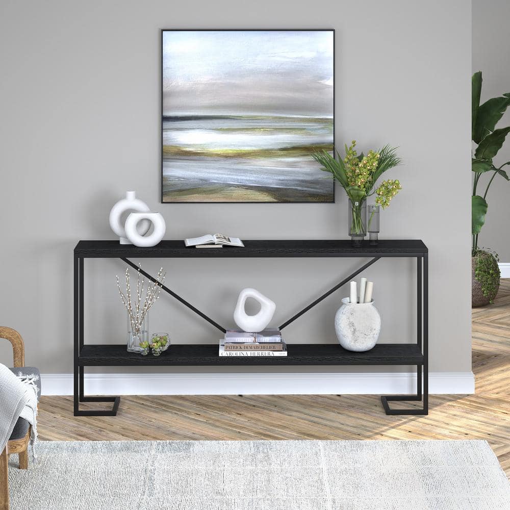 Modern Farmhouse 64" Blackened Bronze & Woodgrain Console Table with Storage