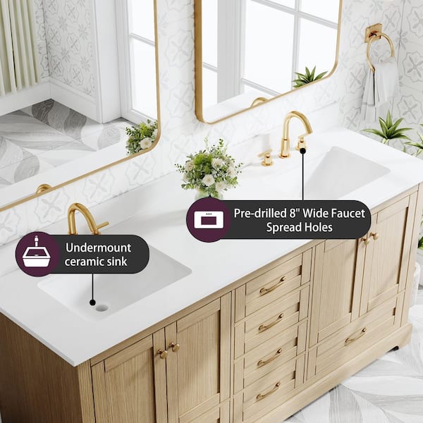 72 in. Freestanding Solid Wood Oak Bath Vanity with White Cultured Marble Top Assembled, Soft-close Door and Drawer