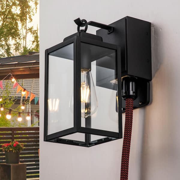 C Cattleya 1-Light Matte Black Aluminum Hardwired Outdoor Wall Lantern Sconce with GFCI Outlet