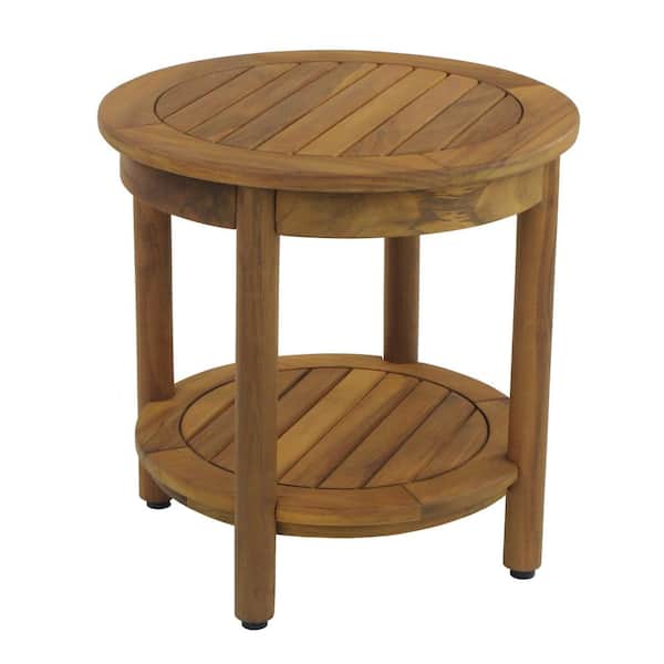 AquaTeak Patented 18 in. x 18 in. Omega Round Freestanding Teak Shower Bench with Shelf Walk in Shower Seat