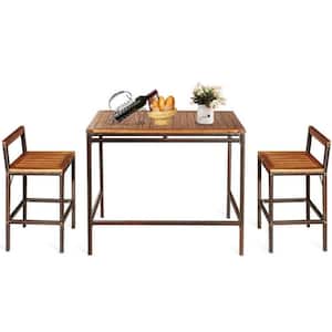3-Piece Wicker Patio Bar Outdoor Dining Set Rattan Furniture Set with Solid Acacia Wood Tabletop and Seat