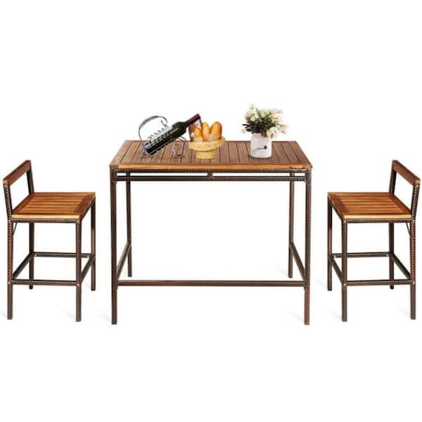 Clihome 3-Piece Wicker Patio Bar Outdoor Dining Set Rattan Furniture Set with Solid Acacia Wood Tabletop and Seat